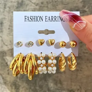 Fashionable Golden Triple Hoop Twisted Earrings (6 pairs)